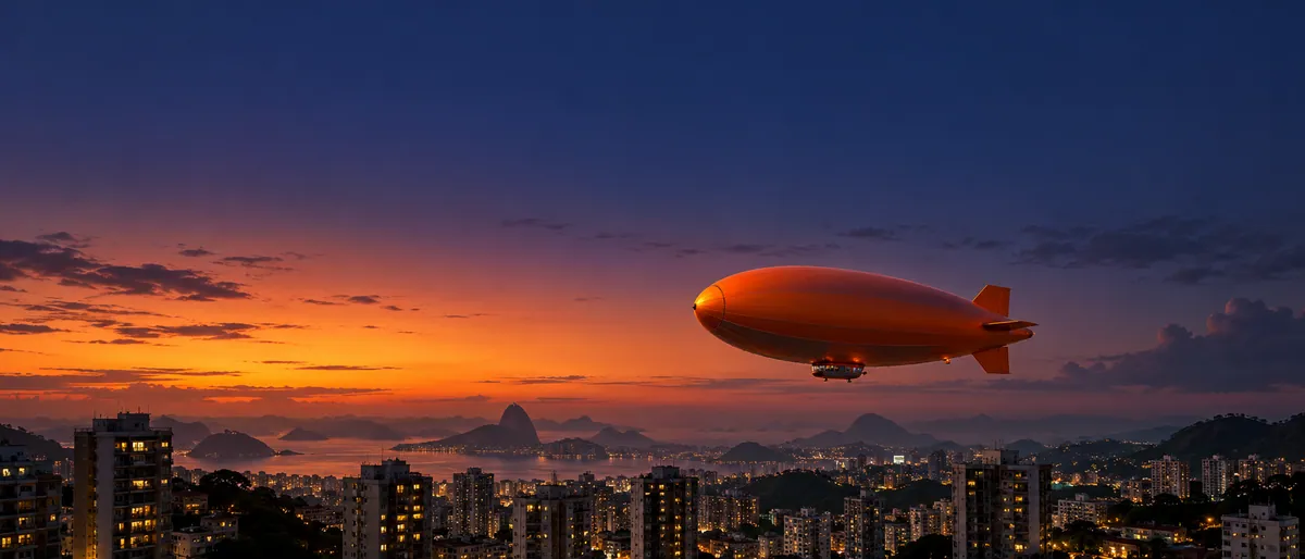 Dirigível laranja sobre a cidade ao anoitecer