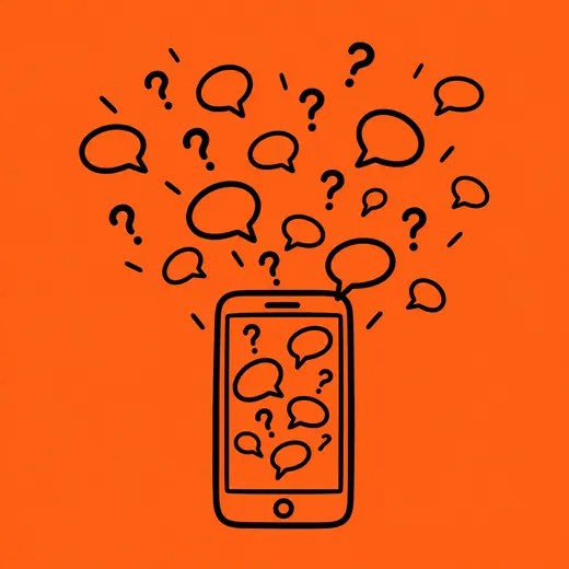 Ilustração de um celular transbordando de mensagens e dúvidas