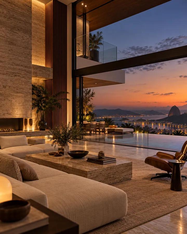 Cobertura de alto padrão com terraço e vista para a cidade iluminada