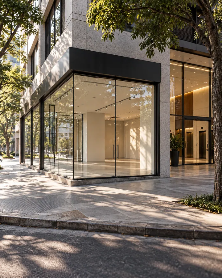 Loja de esquina com vitrine de vidro e entrada de prédio comercial