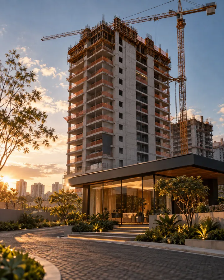 Prédio residencial em construção com estande de vendas ao entardecer