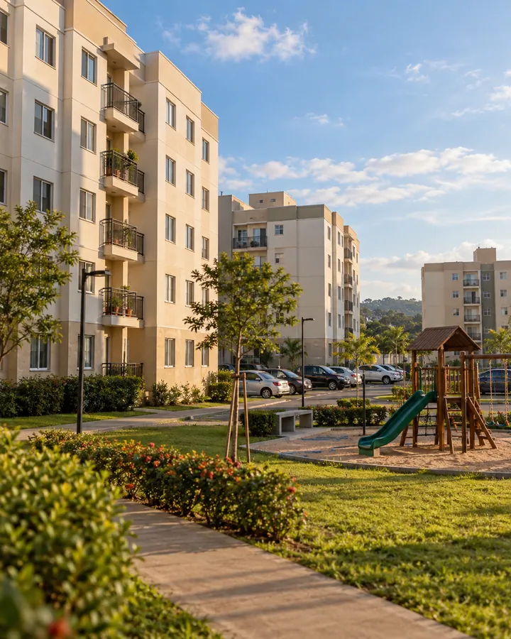 Condomínio residencial bem cuidado com playground e gramado