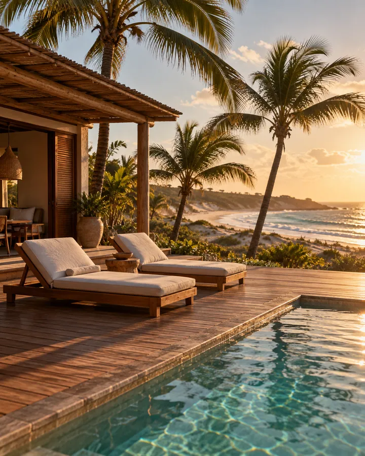 Casa de praia com deck, piscina e coqueiros ao fim da tarde