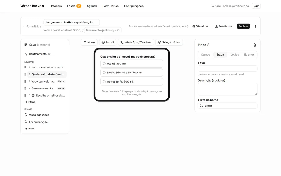Construtor de formulário com etapas e regras