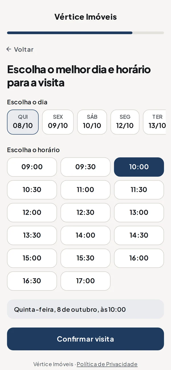 Etapa de agenda do formulário no celular, com horários livres para visita