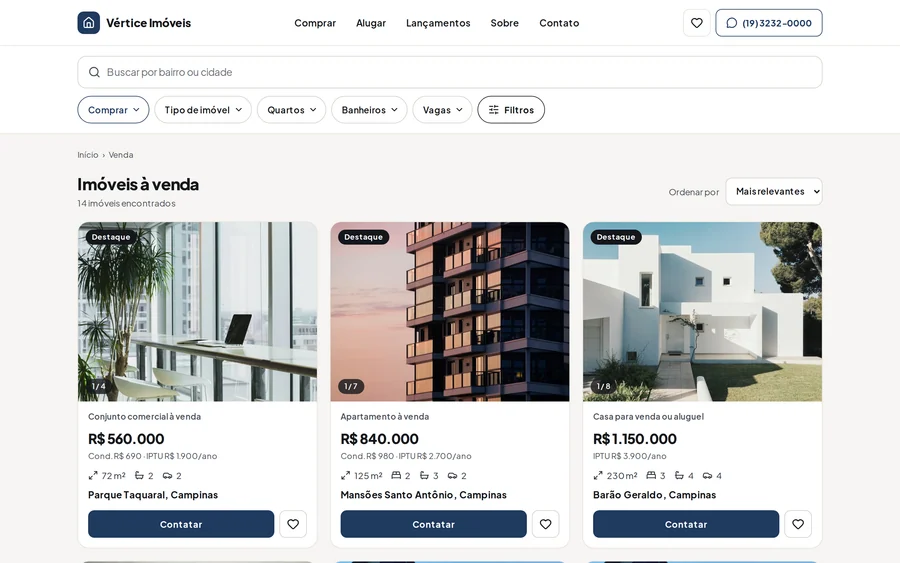 Busca de imóveis com filtros no site da imobiliária