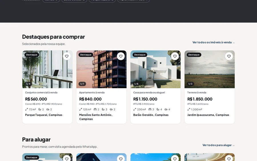 Página inicial do site de uma imobiliária na plataforma, com busca e imóveis em destaque